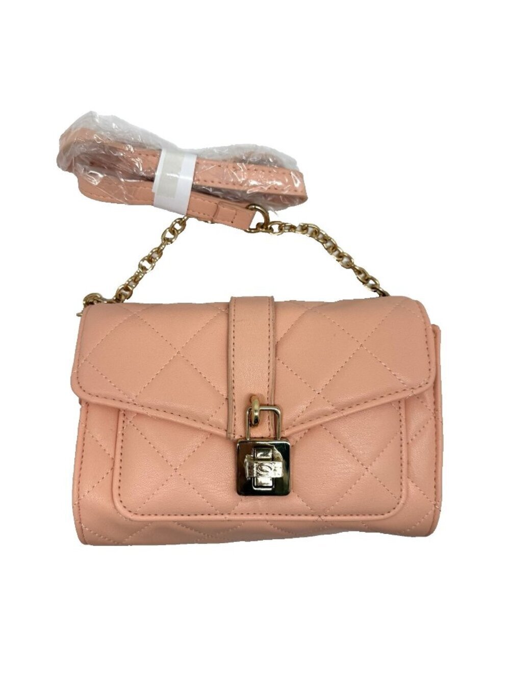 Bebe Quilted Peach Crossbody Bag Gold Chain Strap Designer Flap Purse Chic